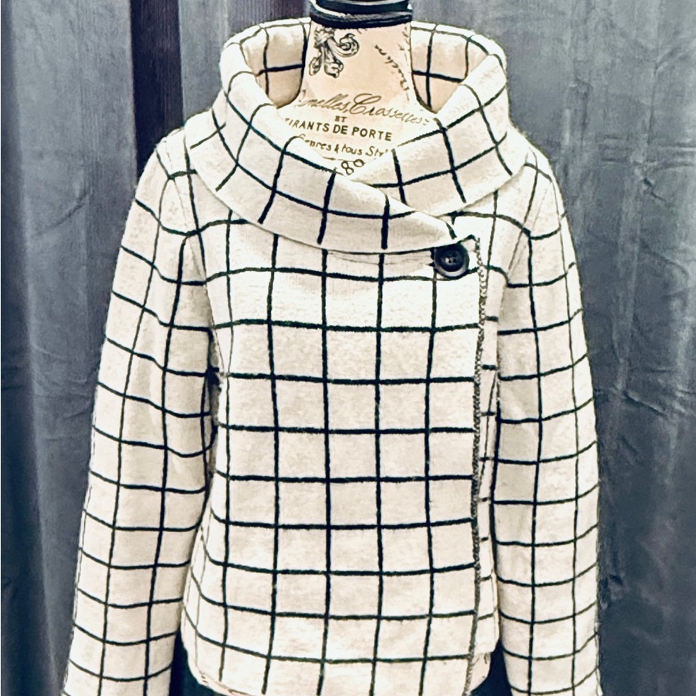 Ellen Tracy Single Button Windowpane Cardigan with Funnel Collar
